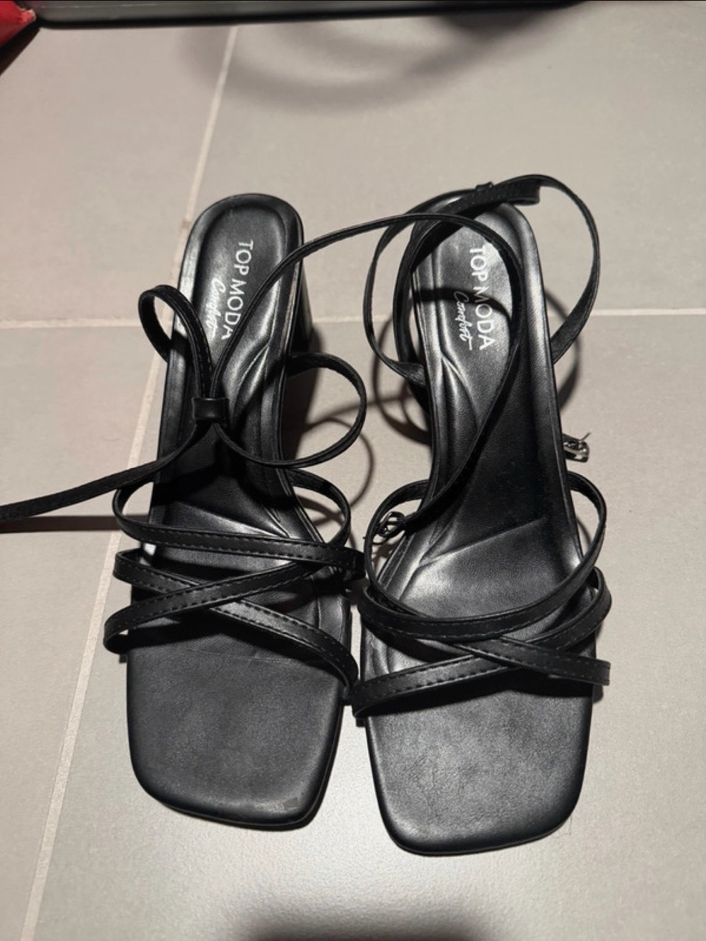 TOP Moda Black Strappy Square-Toe Lace-Up Heels
